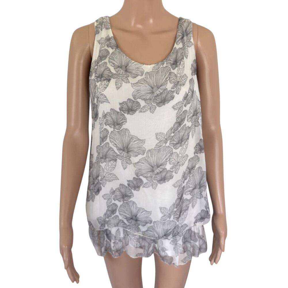 Giusy 100% Silk Floral Tank Top Tunic Ruffle Hem White Gray M Boho Coastal Italy